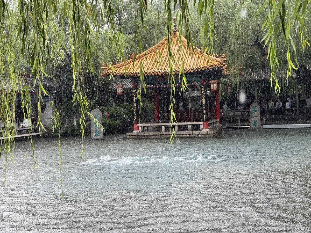 雨中的趵突泉：观澜亭和“第一泉”碑