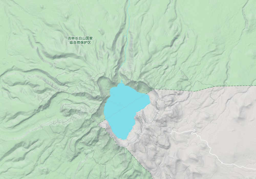 Heaven Lake fills the crater at the top of Changbai Mountain; the green area is the national nature reserve; hillshade and 100 m contours