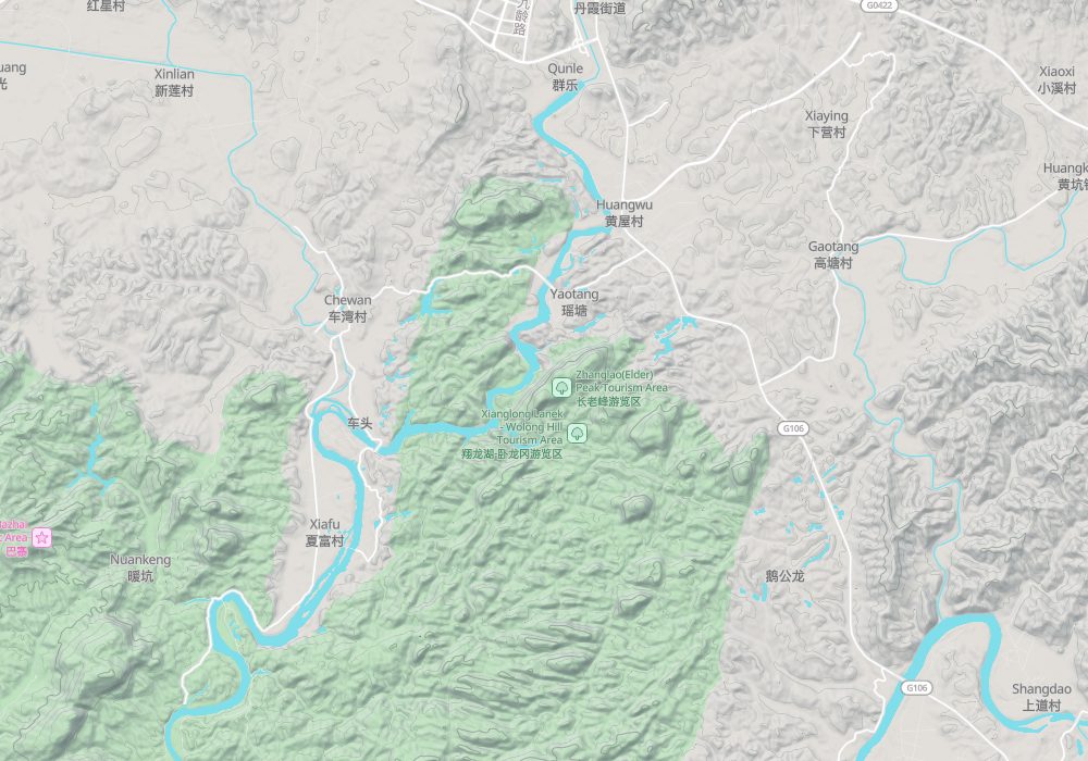Renhua town lies north of Mount Danxia; the Jin River runs through the area; hillshade and 100 m contours