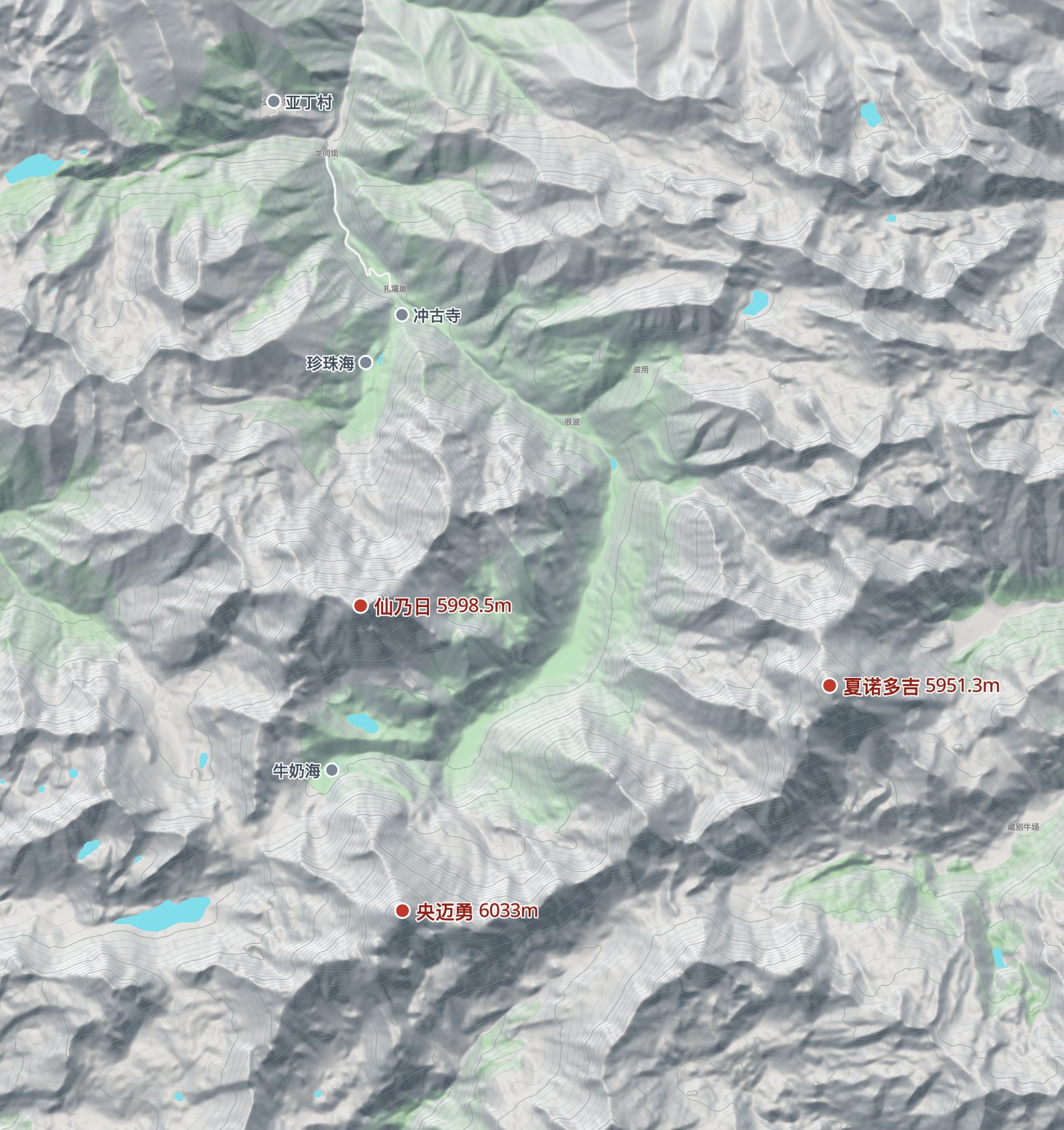 Click the map for a larger view. Red: the three peaks (2023 heights); grey: Chonggu Monastery, Pearl Lake, Milk Lake and Yading Village. Luorong Pasture lies in the valley between Chenrezig and Chanadorje, and Five-Colour Lake above Milk Lake. Green shows woodland.