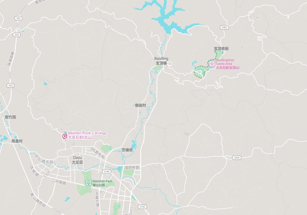 北山摩崖造像は大足の市街のすぐ北に、宝頂山は北東にある