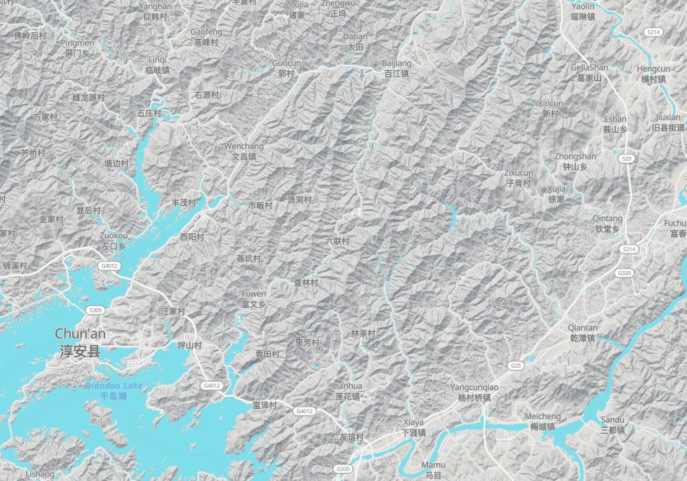 The Fuchun River and Tonglu lie in the north-east, the Xin'an River flows from west to east, and Thousand-island Lake is in the west; hillshade and 100 m contours