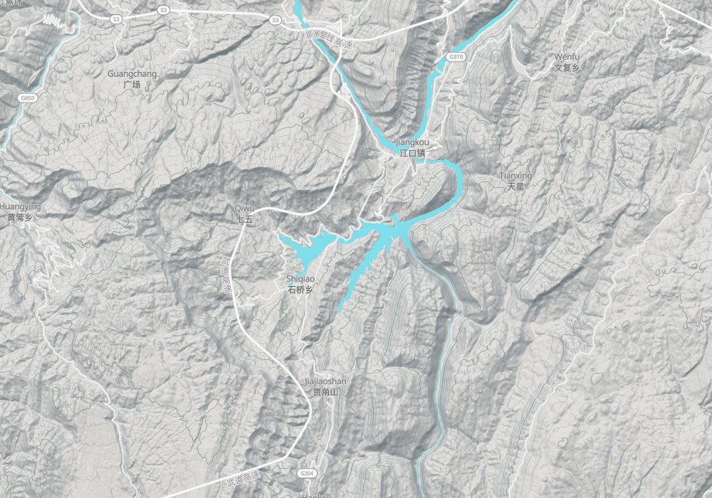 The Furong River flows from south to north and joins the Wu River at Jiangkou in the north; hillshade and 100 m contours