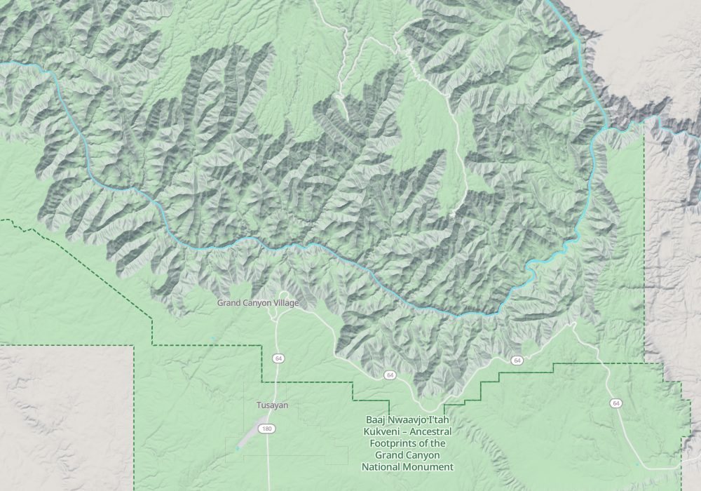 Grand Canyon Village is on the middle of the South Rim, with Hermit Road running west to Hermits Rest and Desert View Watchtower at the east end. The North Rim lies across the canyon to the north, only some ten-odd kilometres from the South Rim in a straight line; hillshade and 100 m contours
