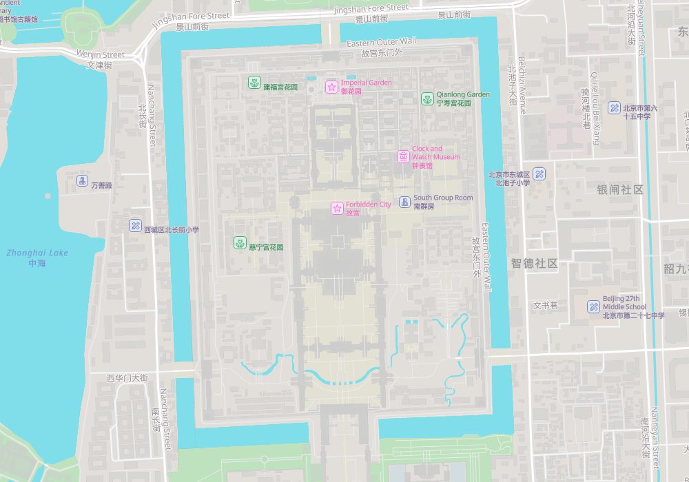 The Meridian Gate is at the south and the Gate of Divine Prowess at the north; Jingshan lies directly north across the street, and the corner towers stand at the four corners of the wall