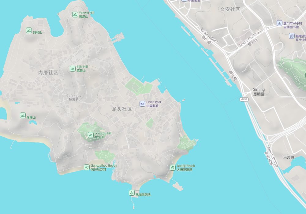 Gulangyu is in the south-west, across the Lujiang Channel from Xiamen Island, where Mount Wanshi stands; hillshade and 100 m contours