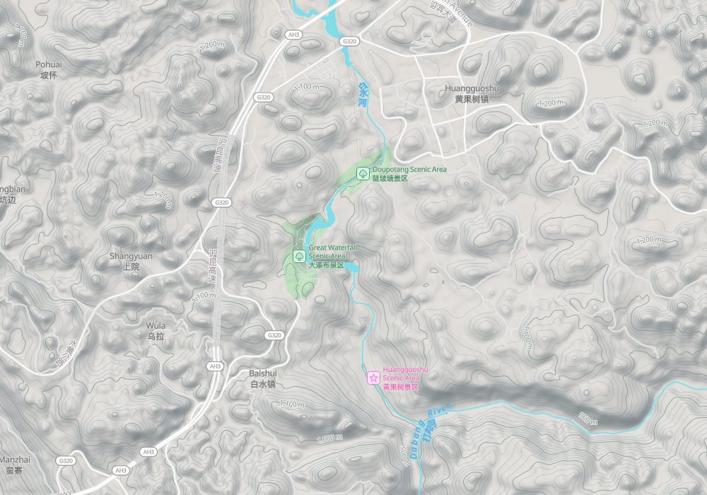 Huangguoshu Falls are on the Baishui River, with the Tianxingqiao area nearby; hillshade and 100 m contours