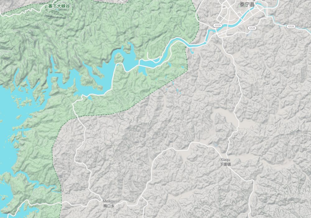 Jinhu lake lies west of Taining town, in a Danxia landscape; hillshade and 100 m contours