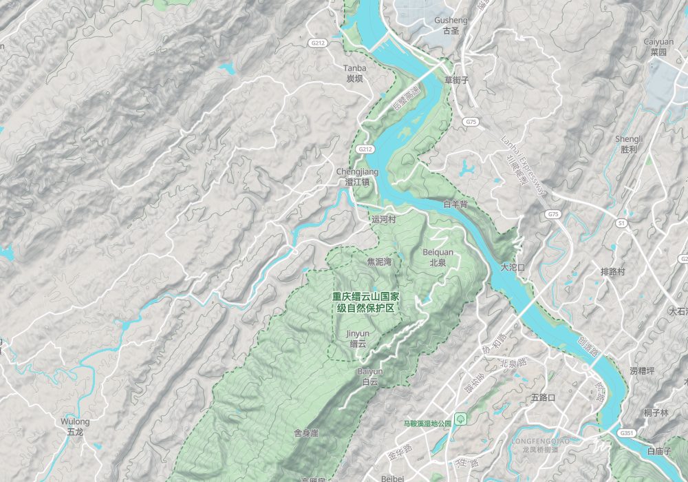 Mount Jinyun lies on the west bank of the Jialing River; Beibei Hot Springs is at its foot by the river, to the northeast; hillshade and 100 m contours