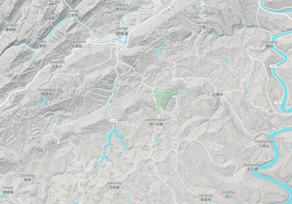 Jianmen Pass is in the south and Jiange county town in the north; the Cuiyun Corridor cypress road runs through the area between; hillshade and 100 m contours