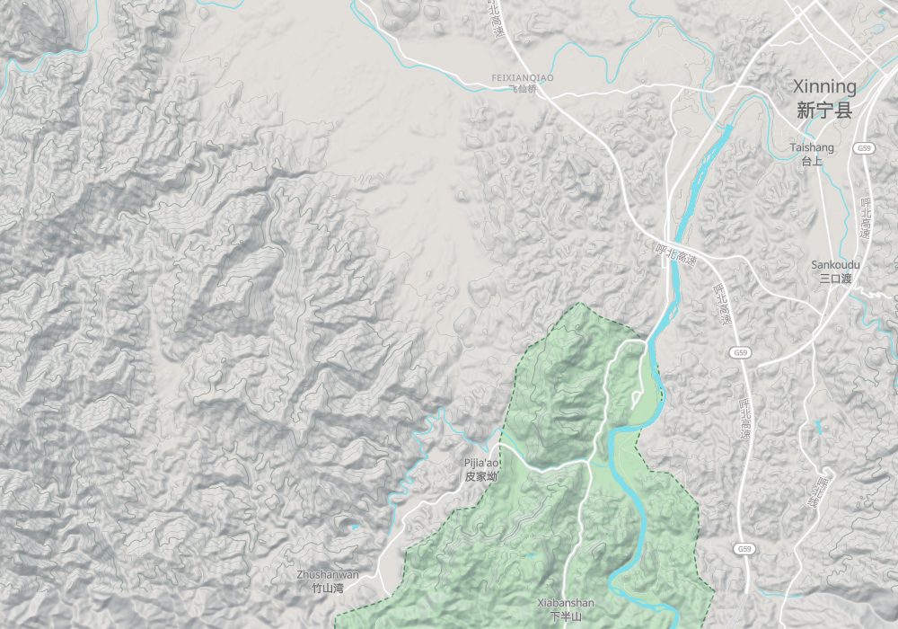 Xinning county town is in the northeast; the Langshan scenic spots lie to its south and southwest; hillshade and 100 m contours