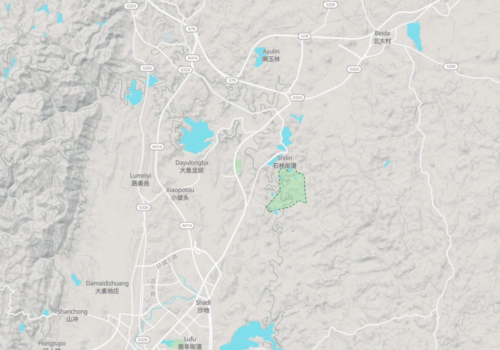 Shilin county town lies south-west of the scenic area, the Major and Minor Stone Forests and Stone Forest Lake form the main part, Naigu is to the north, and the Dadieshui waterfall is to the south-east; hillshade and 100 m contours