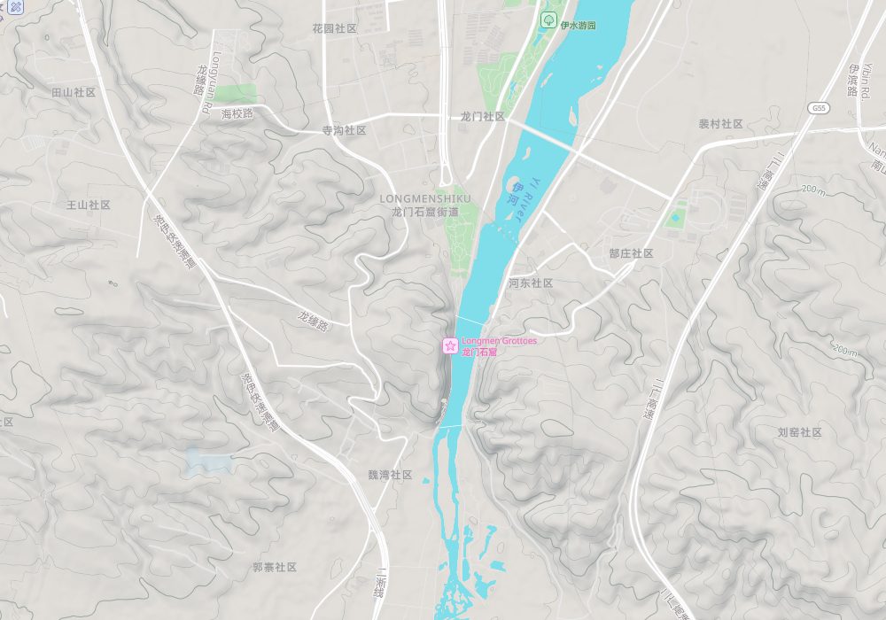 The Longmen Grottoes line both banks of the Yi River, with urban Luoyang to the north; hillshade and 100 m contours