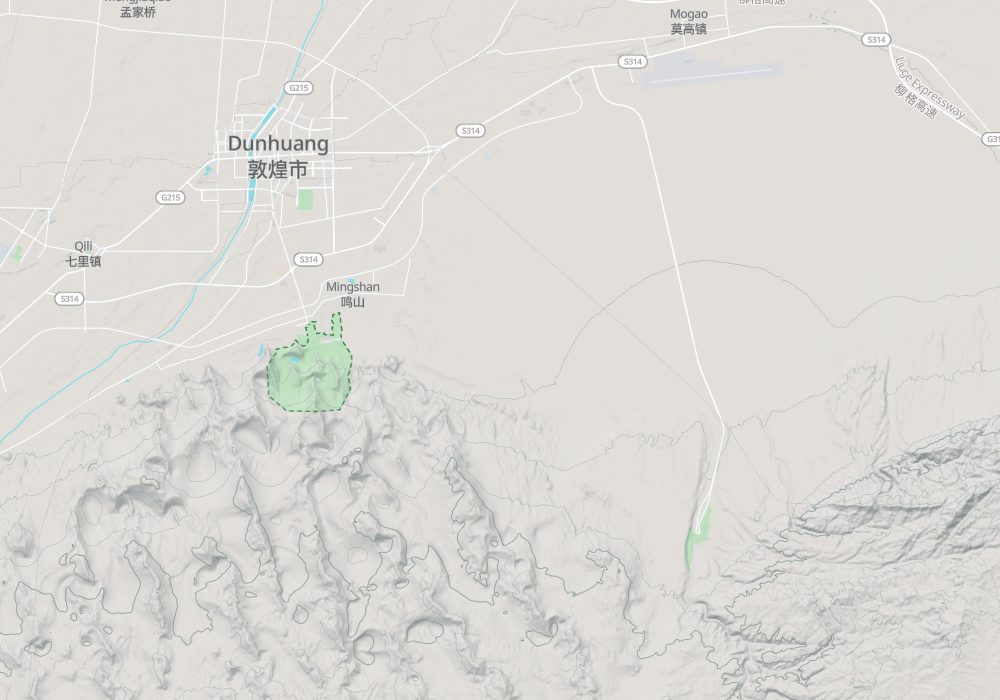 Mogao Caves lie on the eastern foot of Mount Mingsha, southeast of Dunhuang city. Crescent Spring is at the northern foot of the dunes, about 5 km south of the city; hillshade and 100 m contours