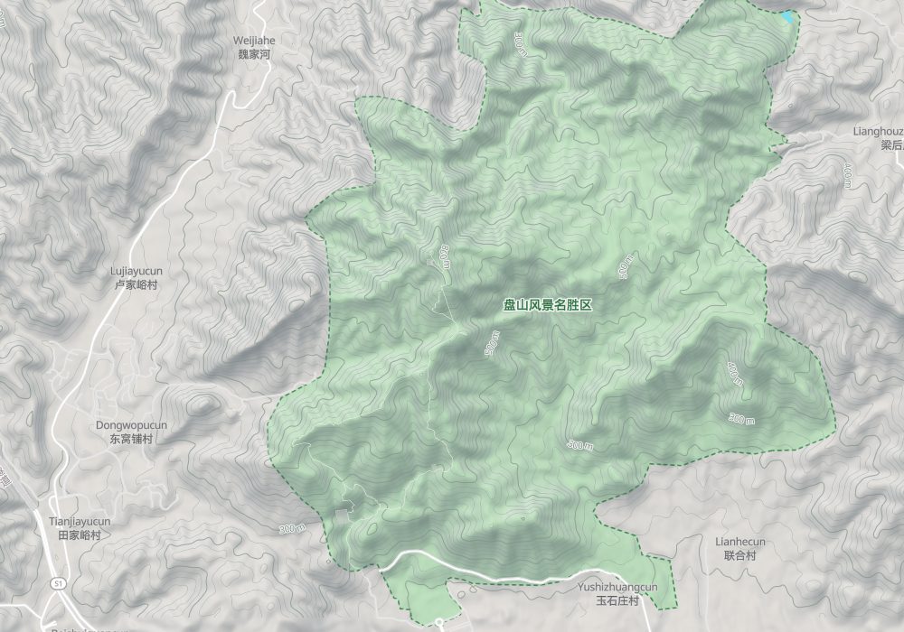 The green area is the Panshan scenic area; hillshade and 100 m contours