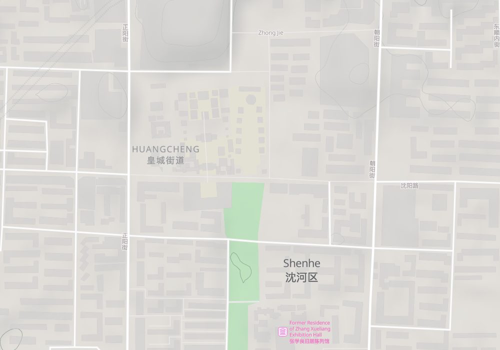 The Mukden Palace is in the upper middle of the map, with Shenyang Road to the south and the former residence of Zhang Xueliang further south; hillshade and 100 m contours
