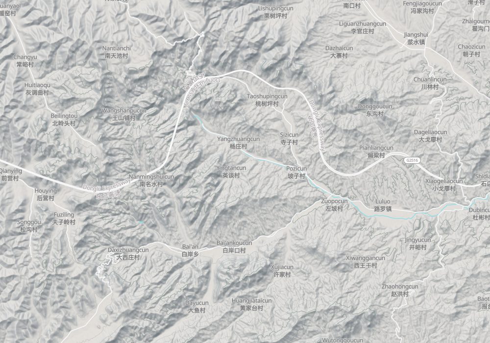 Around the Xingtai Grand Canyon: the canyon group lies near Hejiaping and Yingtan villages, north-west of Luluo Town, with the Dongying–Lüliang expressway to the north; hillshade and 100 m contours