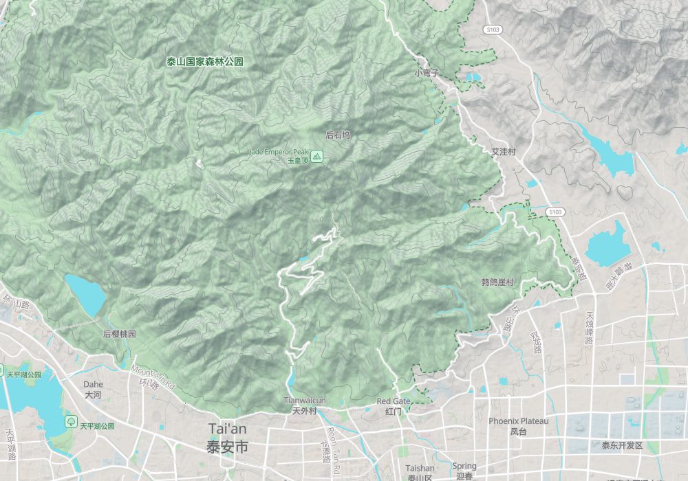 다이묘는 타이안 시내에 있고 산체는 시내 북쪽에 솟아 있다. 위황딩은 산체 북부에 있으며, 그 남쪽 등산로에 훙먼과 중톈먼이 있다. 음영기복과 100m 등고선
