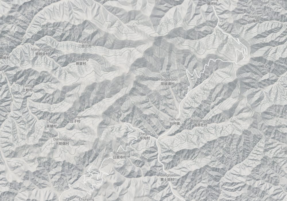 Taihuai town is in the centre, the North and East Terraces lie to the north and east, the South Terrace to the south, and Foguang Temple to the southwest; hillshade and 100 m contours