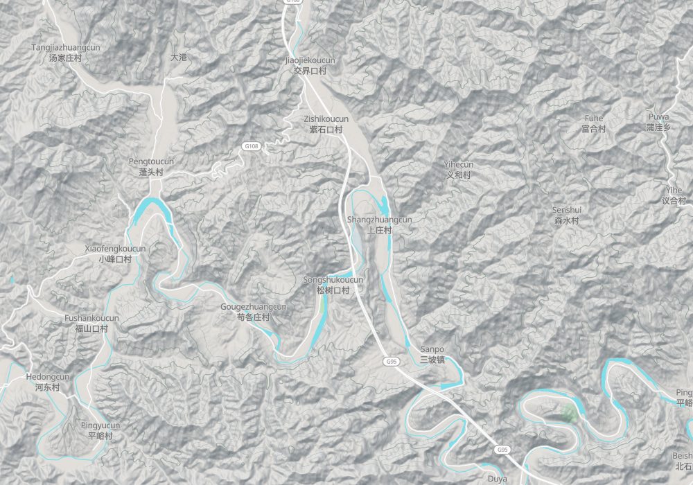 The Juma River winds east through the mountains; Sanpo town is in the middle; hillshade and 100 m contours