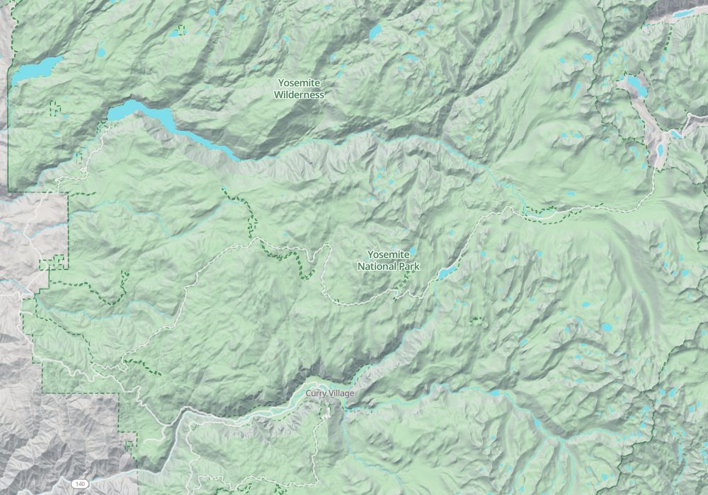 Yosemite Valley is west of the park centre, Glacier Point on its south side, Mariposa Grove at the far south, Tuolumne Meadows in the east and Hetch Hetchy in the north-west; hillshade and 100 m contours